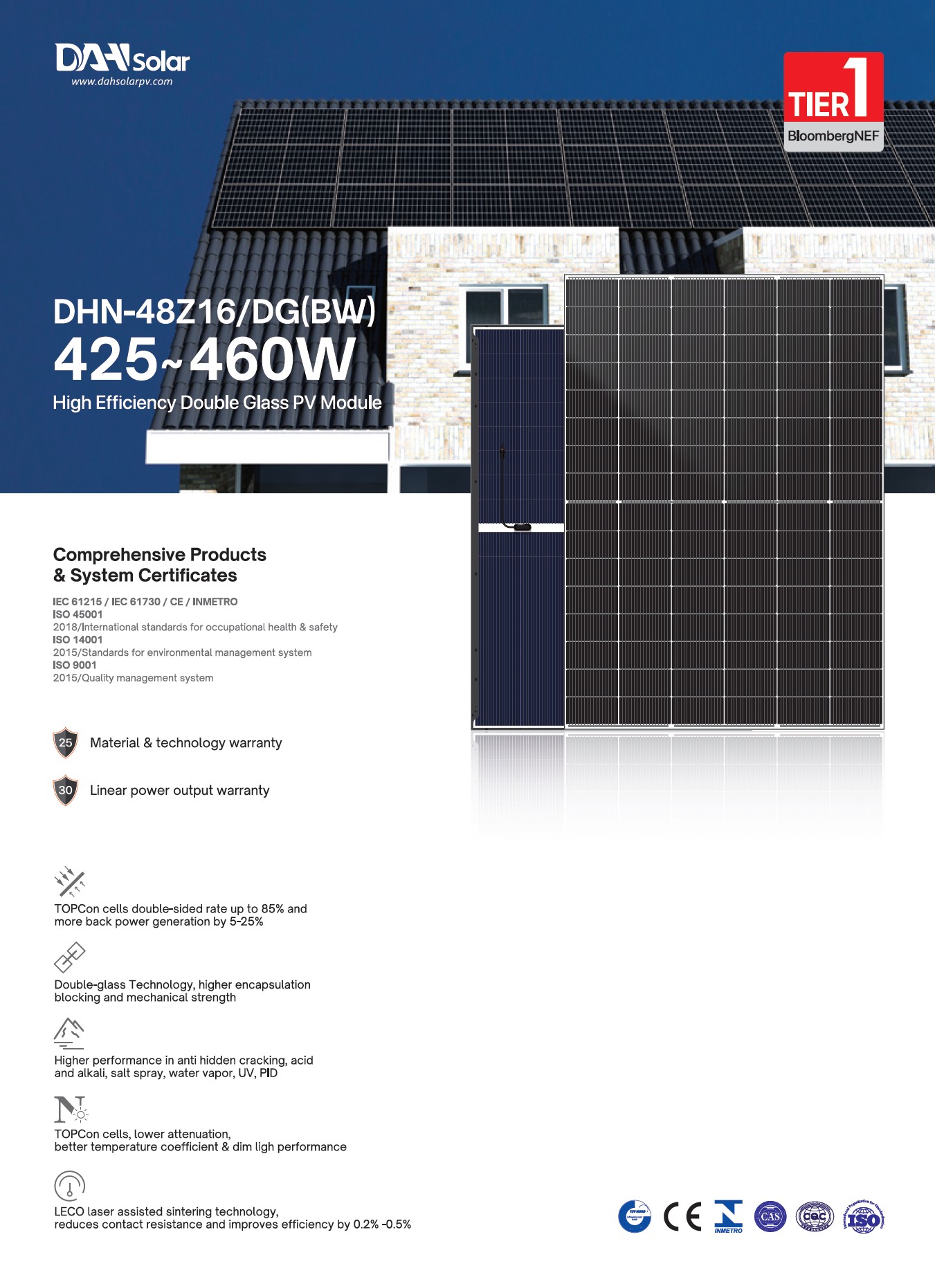 DAH Solar 460Wp Ntype Dual Glass BFR napelem - Image 2