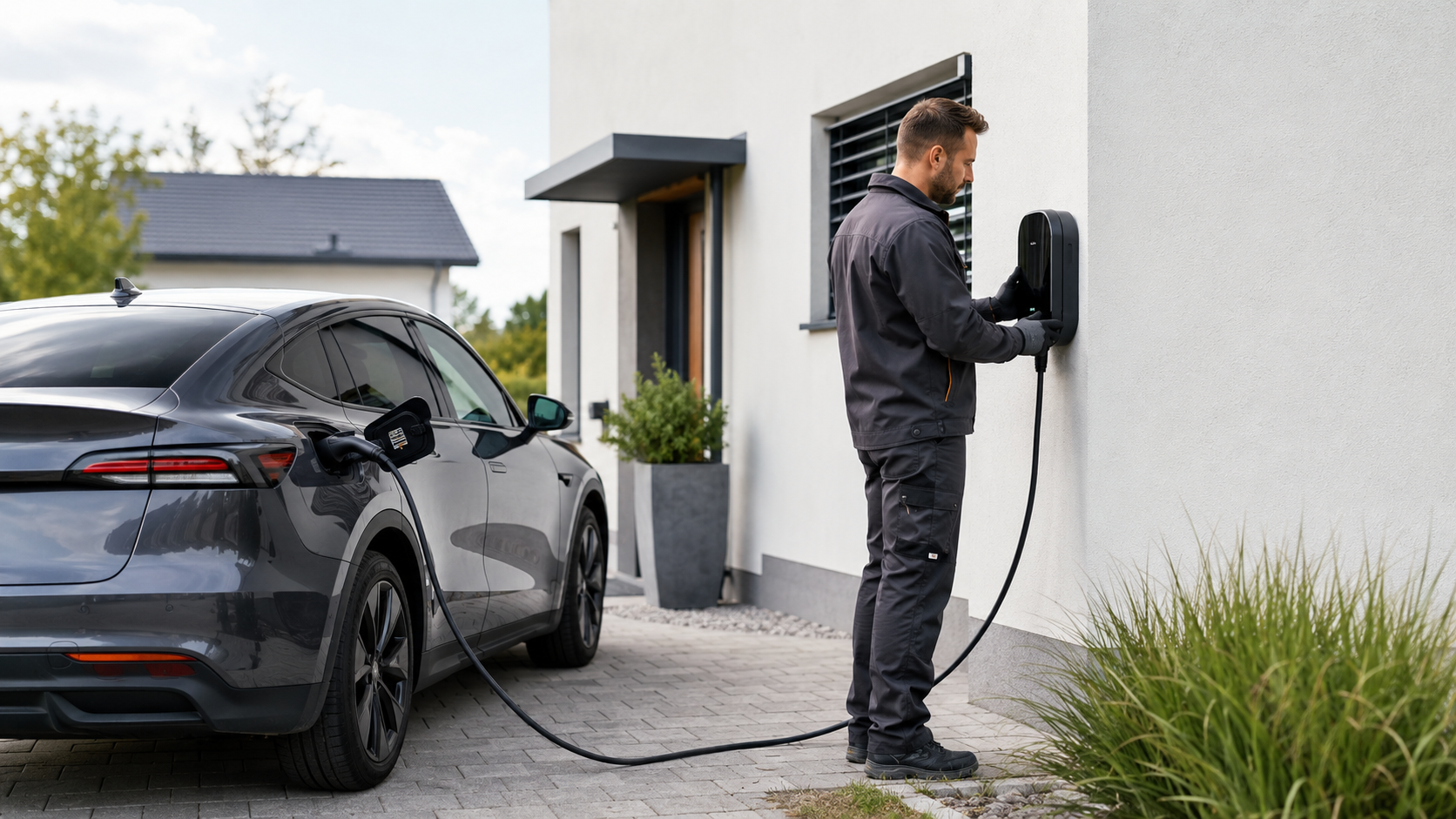 Elektromos autó töltő szakszerű telepítése családi háznál.